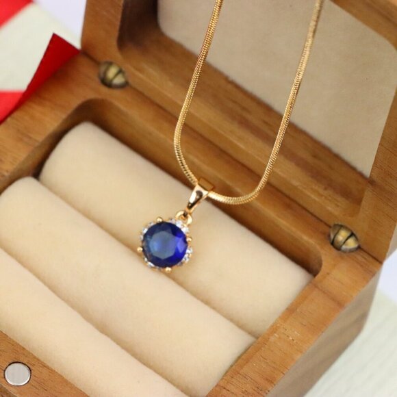 "Elegant Round Blue Gemstone Pendant in Rose Gold, XPPT1324 - Picture 5 of 13